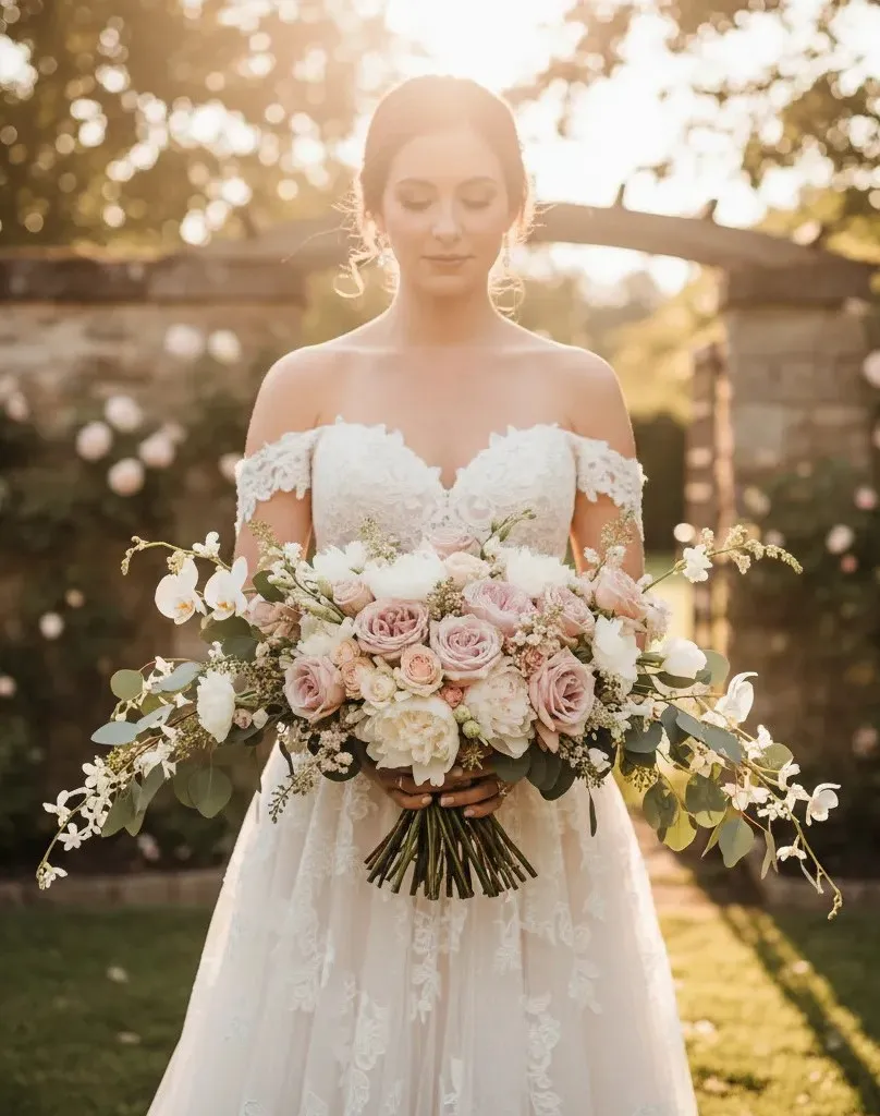 Wedding Bouquet Styles A bride in an off-the-shoulder lace gown holds a large crescent shaped bouquet of pink and white flowers. Warm sunlight creates a serene and romantic atmosphere.