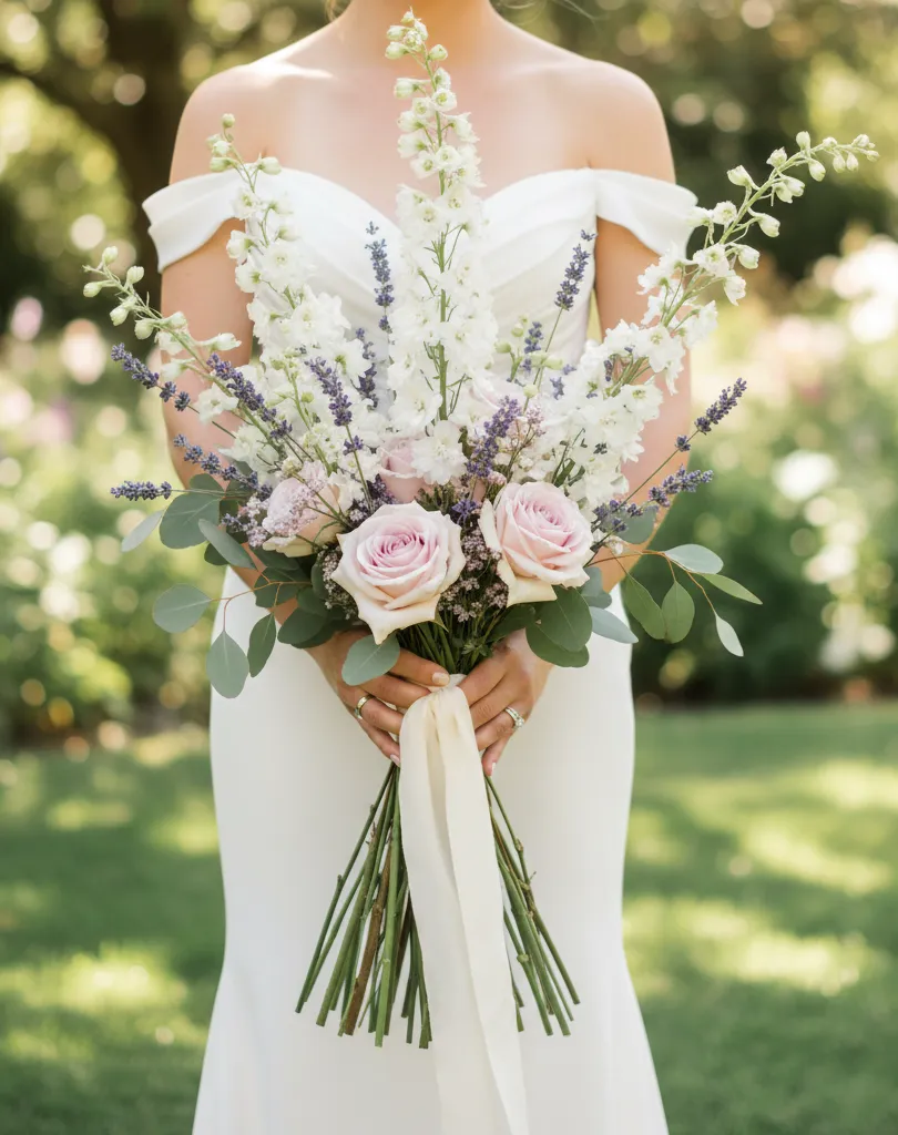 Wedding Bouquet Styles A bride in an off-the-shoulder white dress holds a long stem bouquet of pink roses, lavender, and white blooms, conveying elegance and joy in a sunlit garden.