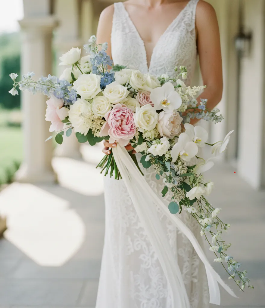 Wedding Bouquet Styles A bride in a lace wedding dress holds an elegant asymmetrical bouquet with white, pink, and blue flowers, mainly roses, creating a romantic and graceful tone.
